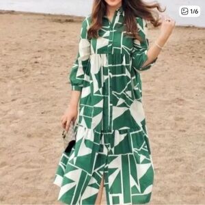 Zara Green and White Geometric Midi Dress